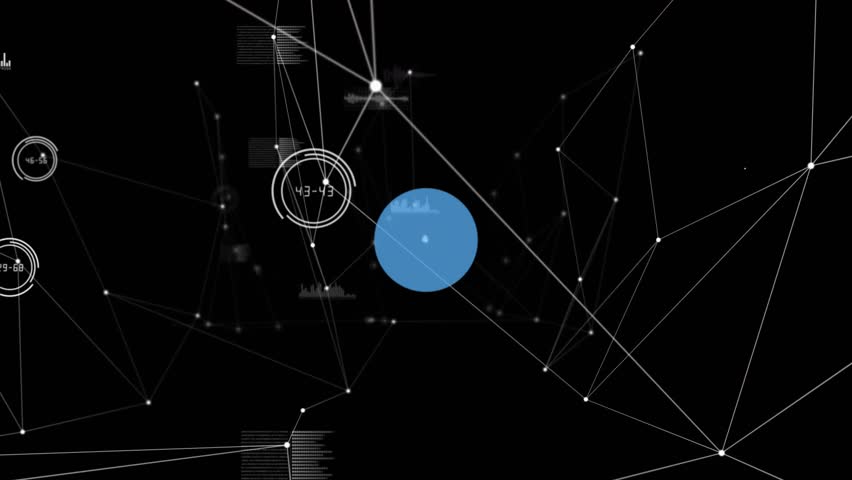 Central blue node pulsing, spawning wifi and music nodes, forming 3D mesh showing connections. Network, constellation, holographic, depth, parallax, signals, futuristic
