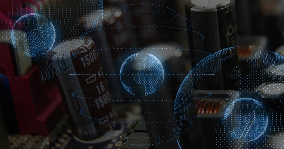 On camera pan blue dotted holograms drifting, scaling over PCB caps and chip, revealing circuitry. Holographic, globes, orbital, board, capacitor, inductor, processor