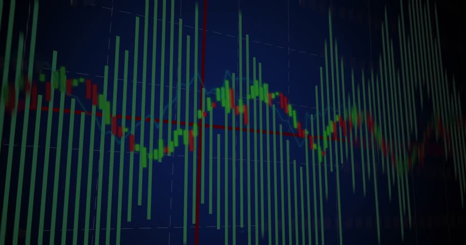 Thin red cursor sliding, CRYPTO letters forming, charts moving and pulsing, revealing crypto title. Neon, futuristic, digital, finance, market, blockchain, network