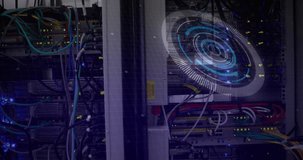 Holographic HUD appearing and rotating over server rack, visualizing network monitoring streams. Datacenter, visualization, circuitry, cabling, leds, overlay, waveform - Powered by Shutterstock - Get 15% off with code: PIKWIZARD15