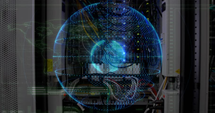 Holographic blue globe appearing over server racks and cables, rotating, pulsing, revealing data. Hologram, visualization, datacenter, network, infrastructure, futuristic, business