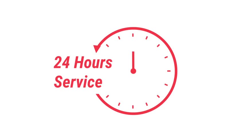 Red 24 Hours Service text and clock graphic on white background