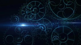 Lens flare starting glowing cyan clock lighting forming HUD rings, rotating gears for logo loop. Timepiece, cogs, animation, futuristic, neon, blue, branding - Powered by Shutterstock - Get 15% off with code: PIKWIZARD15