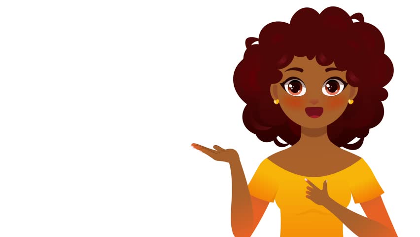 An anime-style girl in a yellow sweater holds an open palm against a white background. Advertising template featuring a cute anime woman.