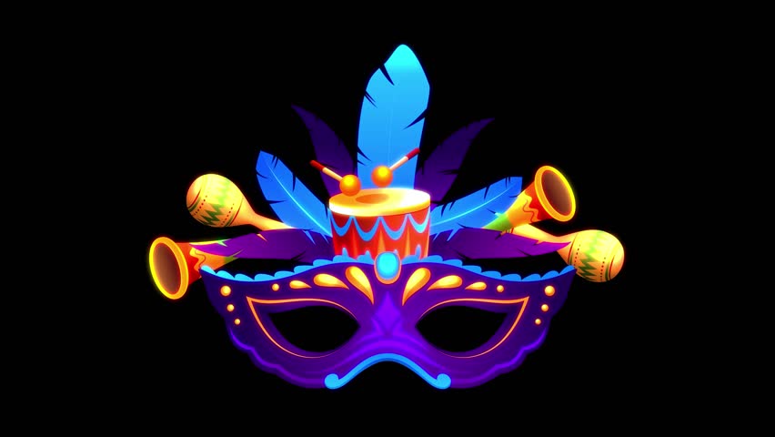 a vibrant carnival mask with feathers, drum, and horns, perfect for a festive celebration. 90