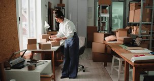 Box, small business and woman with label for shipping, supply chain and supplier order for delivery. Startup, ecommerce and person with package, parcel and receipt for info, logistics or distribution - Powered by Shutterstock - Get 15% off with code: PIKWIZARD15