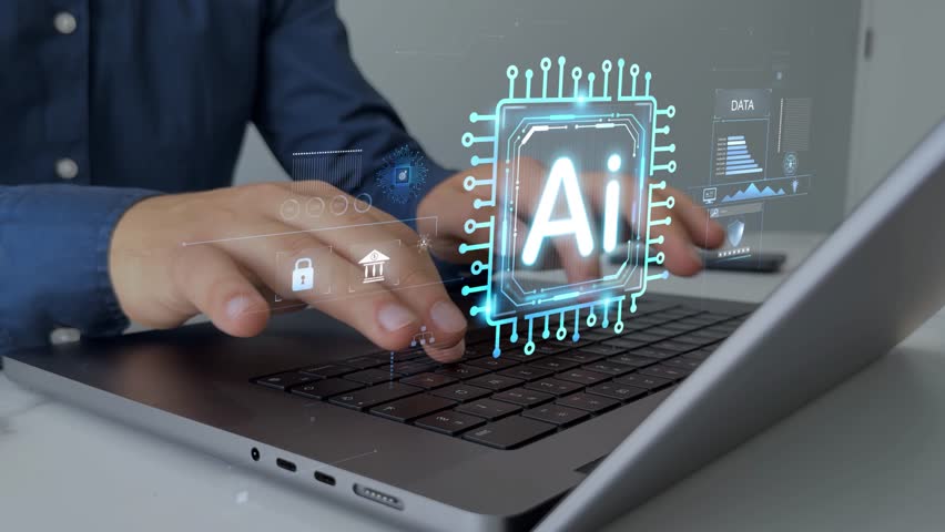 Man using laptop with Ai Content Generator.Image generator, documents, marketing and advertising, bot writing and coding.Interaction with the Ai assistant to solve some tasks more easily.
