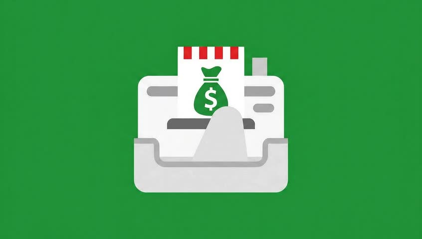 loop of a POS machine transaction on a green screen. Receipt slides out, money bag stamped on it. Clean vector, fast, smooth vertical sliding and quick stamping effect, Lottie animation style.