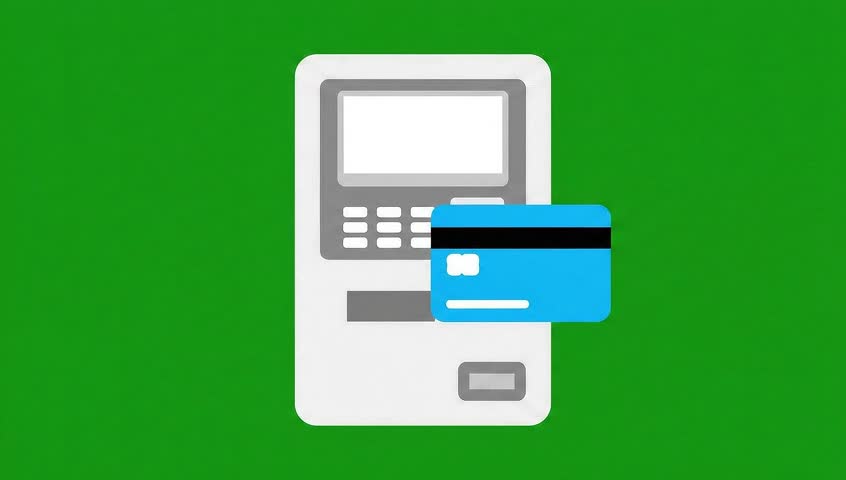 loop of atm withdrawal on a green screen. Card inserted-removed, cash bills slide out. Clean vector, fast, sequential insertion, removal, and cash dispensing, Lottie animation style.