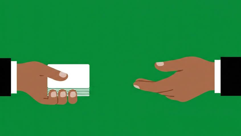 loop of handing out business cards on a green screen. Cards slide sequentially from stack to hand. Clean vector, fast, precise, sequential sliding motion, Lottie animation style.