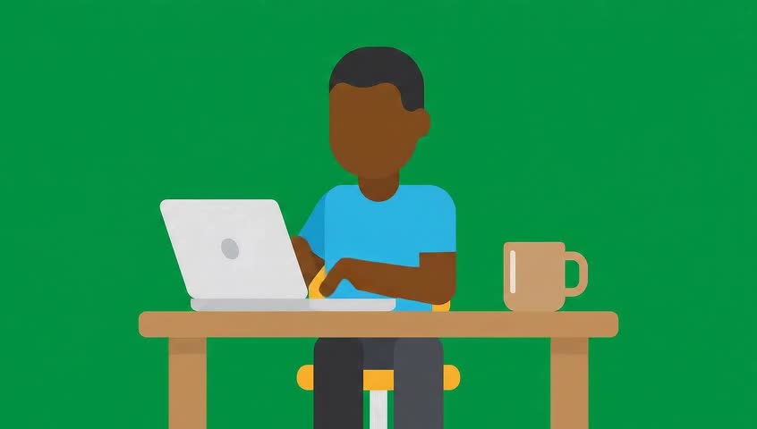 loop of a freelancer at a home desk on a green screen. Rhythmic typing, brief sip of coffee-tea. Clean vector, rhythmic typing and fast, brief sipping motion, Lottie animation style.