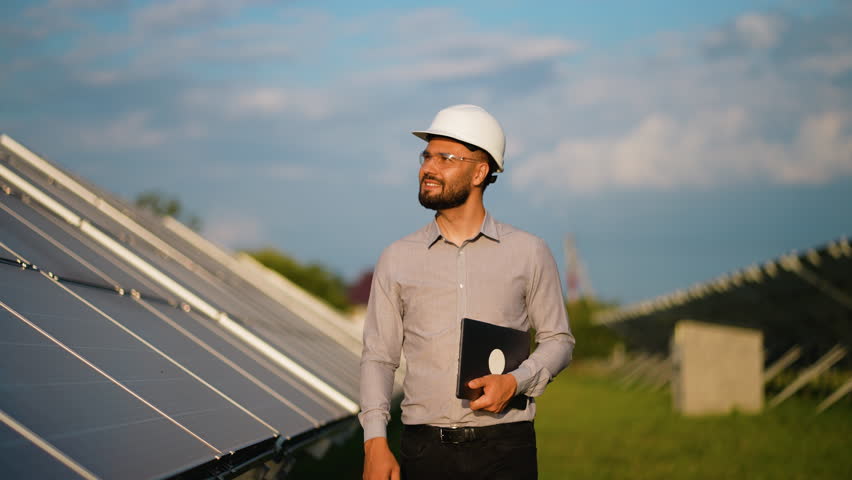 Engineer with laptop inspecting solar panels