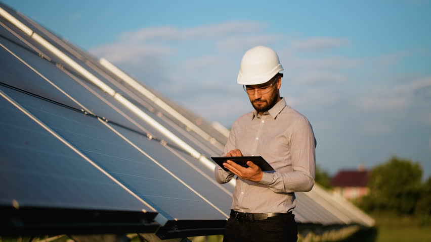 Engineer inspecting solar panels with a tablet at a photovoltaic farm