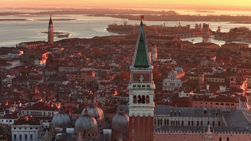 Drone shot of sunrise in Venice at St Mark