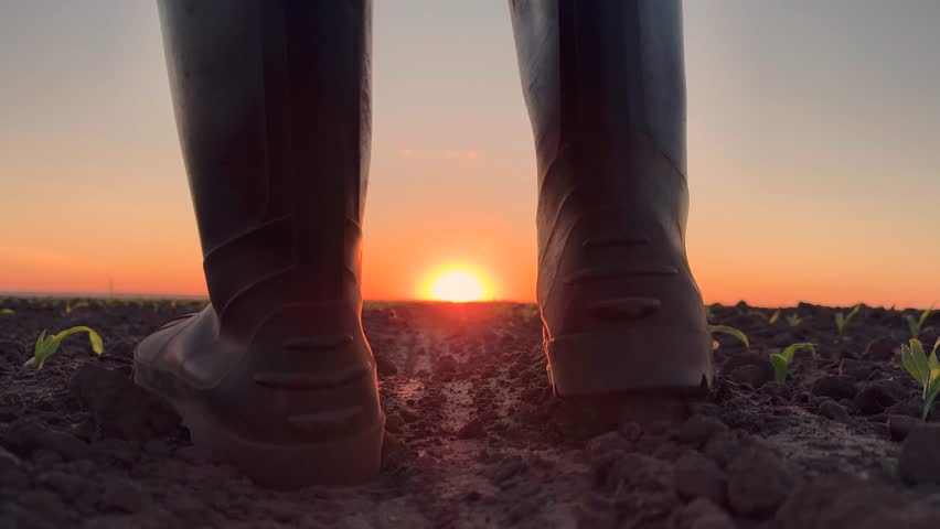 Farmer feet in rubber boots walking through field with tablet in hand. Farmer with digital tablet walks through field of green sprouts. Farm owner works on plantation grows food. Agricultural business