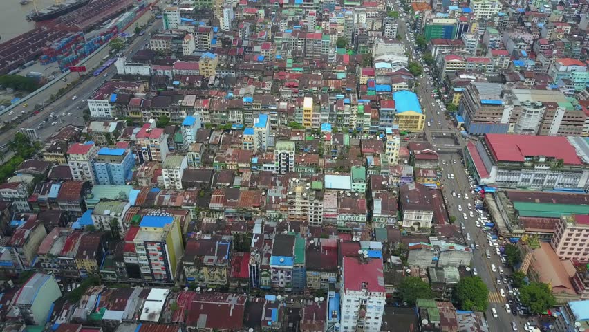  Futuristic aerial view panorama of developing Yangon city , Aerial view of Sule pagoda in downtown, Yangon, Myanmar. Sule Pagoda located in the heart of Yangon, Karaweik royal barge, Kandawgyi Lake, 