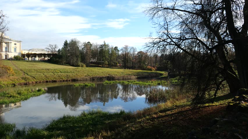 Panoramic view of Pavlovsk Palace from the side of Apollo colonnade on an autumn day, 18th century Russian Imperial residence, suburb of St. Petersburg, Russia