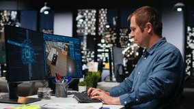 Professional architect uses AI neural network to create apartment layout, engineer designing a floor plan and furniture on CAD software. Computer aided architectural software. Camera B. - Powered by Shutterstock - Get 15% off with code: PIKWIZARD15