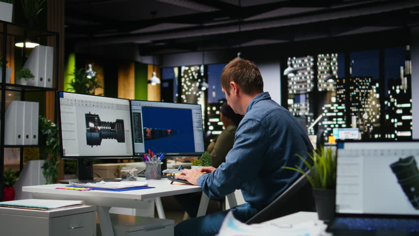 Male IT engineer uses AI techniques to create video game and a turbine, futuristic gaming design for a Mars station project. Sci fi system for a modern game lobby, professional software. Camera A.