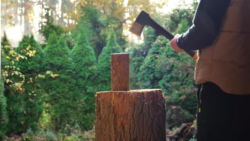firewood heating.Preparing firewood for the heating season.man chops wood on a large stump outside.Heating season. Natural source of heat and heating of the house. 4k footage