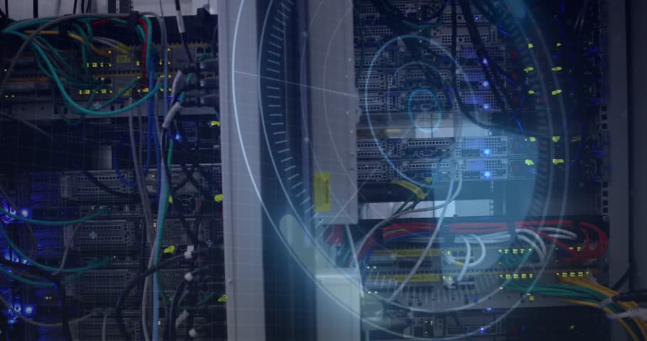 HUD appearing on left and sweeping right, revealing rack cables while visualizing network status. Server, cabinet, datacenter, wiring, patchpanel, led, overlay