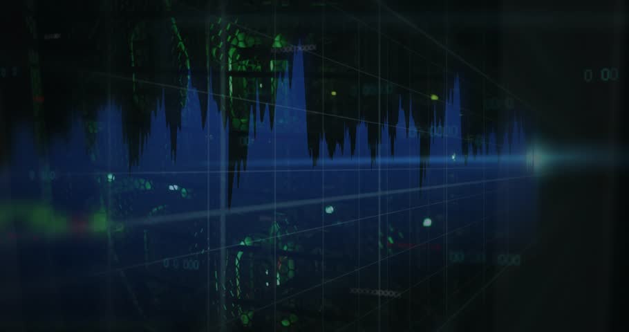 On pulse starting chart animating, bars shifting right, waveform calming, visualizing trend. Candlesticks, dashboard, finance, analytics, neon, gridlines, circuitry