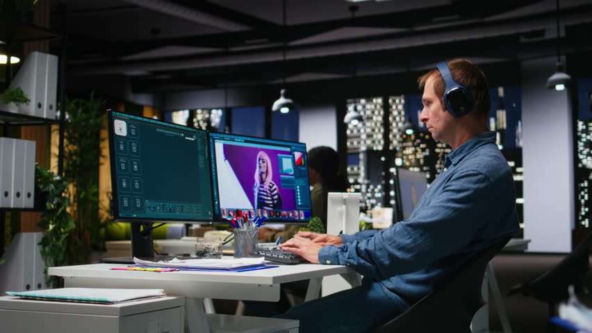 Graphic developer working with photo editing software at the office, digital media production with professional tools. Dual monitors for productivity in the graphic design industry. Camera A.