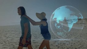 Pair walking shore, woman pushing climbing onto man for travel piggyback while globe casting light. Couple, beach, playful, carrying, sunhat, overlay, lensflare - Powered by Shutterstock - Get 15% off with code: PIKWIZARD15