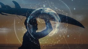 Surfer walking sunset adjusting board preparing to surf while globe mapping tech data over shadow. Silhouette, horizon, ocean, beach, dusk, hologram, overlay - Powered by Shutterstock - Get 15% off with code: PIKWIZARD15