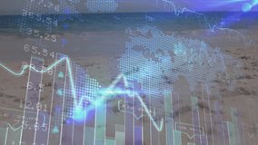 Family entering from right and driving finance charts circling data over sand footprints toward sea. Quartet, children, parents, beach, outdoor, coastal, horizon - Powered by Shutterstock - Get 15% off with code: PIKWIZARD15