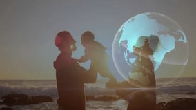 Dad lifting baby after baby's reach, mom reaching, beach sunset globe graphic linking family tech. Infant, father, mother, rocky, shoreline, seaside, goldenhour - Powered by Shutterstock - Get 15% off with code: PIKWIZARD15