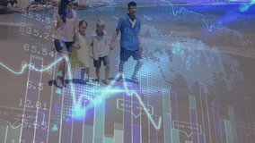 Family walking shoreline, parents guiding kids, overlay animating financial HUD aligning near adult. Beach, group, coastal, sand, sunshine, graphs, analytics - Powered by Shutterstock - Get 15% off with code: PIKWIZARD15