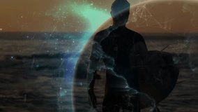 Male surfer standing shoreline, gull flying sparking globe wrapping him, showing tech connectivity. Beach, sunset, surfboard, silhouette, ocean, waves, horizon - Powered by Shutterstock - Get 15% off with code: PIKWIZARD15