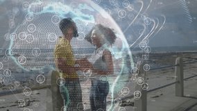 Couple exchanging object on boardwalk while inspecting, technology globe overlay circling hands. Pair, promenade, seaside, intimate, romantic, outdoor, holding - Powered by Shutterstock - Get 15% off with code: PIKWIZARD15