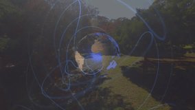 Globe appearing, family walking park, orbital lines expanding, revealing silhouettes for marketing. Trio, outdoors, lawn, drone, aerial, sunlit, shadows - Powered by Shutterstock - Get 15% off with code: PIKWIZARD15