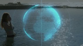 Woman wading then swimming in bay, holo globe appearing and visualizing tech network near her. Holographic, connectivity, digital, icons, bikini, coastal, ocean - Powered by Shutterstock - Get 15% off with code: PIKWIZARD15