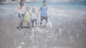 Family of four stepping onto wet sand and activating clear globe overlay pulsing with network data. Beach, shoreline, ocean, horizon, parents, kids, group - Powered by Shutterstock - Get 15% off with code: PIKWIZARD15