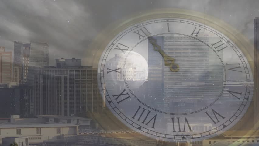 Translucent clock face brass hands rotating clockwise as moon drifting, glow rising, showing time. Dial, roman, numerals, overlay, analog, brass, ornate - Powered by Shutterstock - Get 15% off with code: PIKWIZARD15