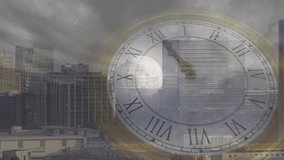Translucent clock face brass hands rotating clockwise as moon drifting, glow rising, showing time. Dial, roman, numerals, overlay, analog, brass, ornate - Powered by Shutterstock - Get 15% off with code: PIKWIZARD15