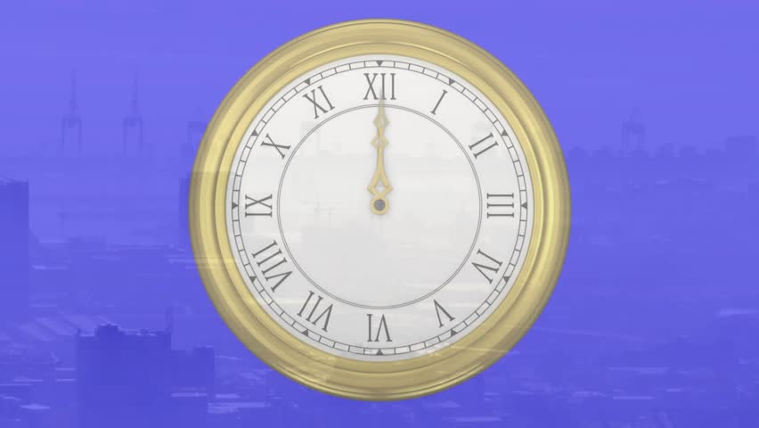 On start ornate clock hands advancing clockwise with ghosting, showing time passing over skyline. Timepiece, dial, bezel, gold, motion, gradient, urban