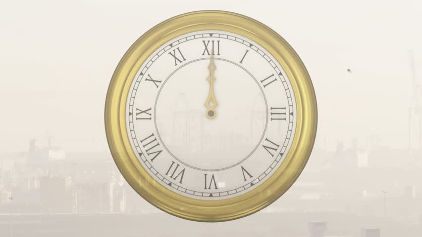 On start ornate gold clock centered over hazy skyline with hands moving clockwise, showing time. Timepiece, motion, vintage, antique, urban, desaturated, cityscape