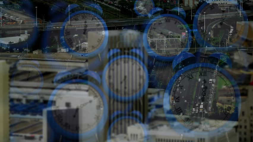 Layered clocks and lined tower moving over city, frame change starting hands ticking showing time. Timepieces, highrise, overlays, parallax, urban, aerial, traffic