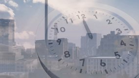On play translucent clock hands rotating clockwise over city skyline, showing passage of time. Overlay, timepiece, urban, doubleexposure, highrise, downtown, horizon - Powered by Shutterstock - Get 15% off with code: PIKWIZARD15