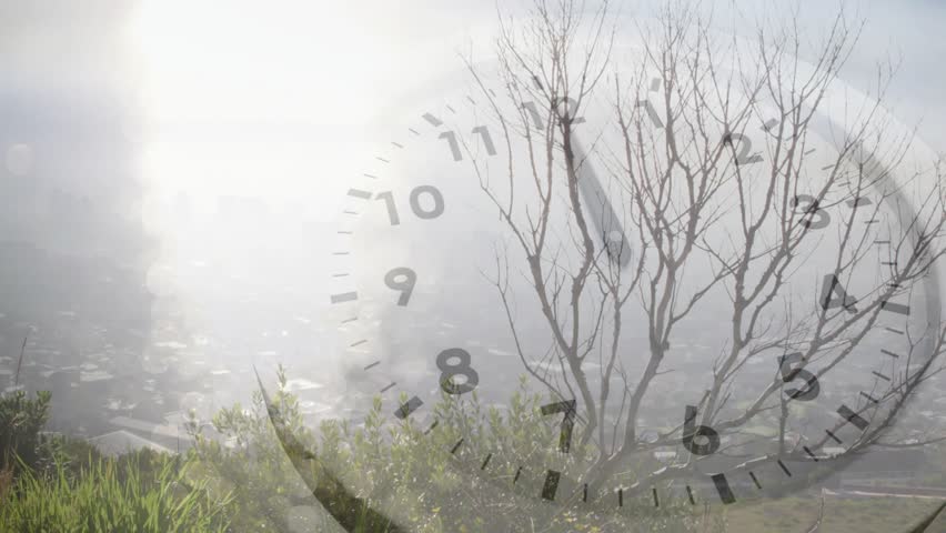 Sun glare causing translucent clock face rising over bluff, hands advancing, showing passing time. Coastal, overlay, timepiece, bokeh, grasses, tree, silhouette