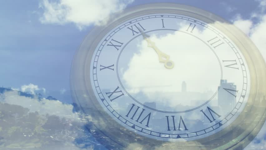 On play clock centering, gold hands advancing, clouds drifting showing time over city skyline. Dial, translucent, parallax, urban, aerial, daytime, haze