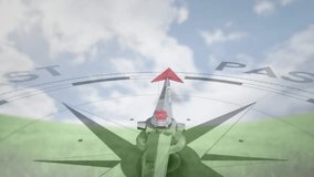 Playback starting, compass needle rotating clockwise from PAST to red FUTURE, showing forward aim. Dial, navigation, direction, horizon, landscape, meadow, sky - Powered by Shutterstock - Get 15% off with code: PIKWIZARD15