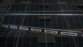 'LO' appearing left initiating LOADING holo sliding right on facade, pulsing bar showing progress. Cyan, neon, futuristic, holographic, projection, animation, glass - Powered by Shutterstock - Get 15% off with code: PIKWIZARD15