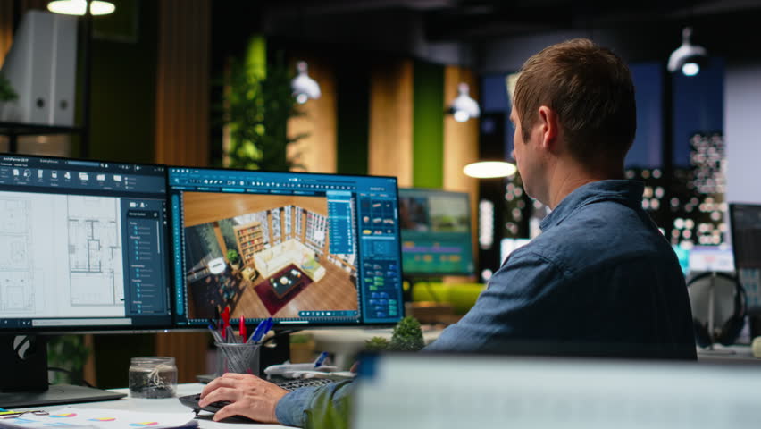 Professional worker in creative office uses CAD software and blueprints plan, designing house interior with user interface for virtual home customization. Detailed architectural layout. Camera B. - Powered by Shutterstock - Get 15% off with code: PIKWIZARD15