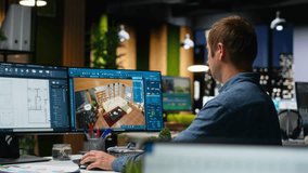 Professional worker in creative office uses CAD software and blueprints plan, designing house interior with user interface for virtual home customization. Detailed architectural layout. Camera B. - Powered by Shutterstock - Get 15% off with code: PIKWIZARD15
