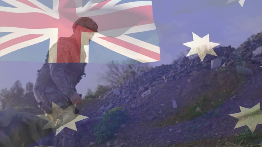 Lead soldier reaching down handing rifle to mate, both climbing with AU flag overlay for military. Duo, campaign, cinematic, stock, outdoor, rugged, ascend